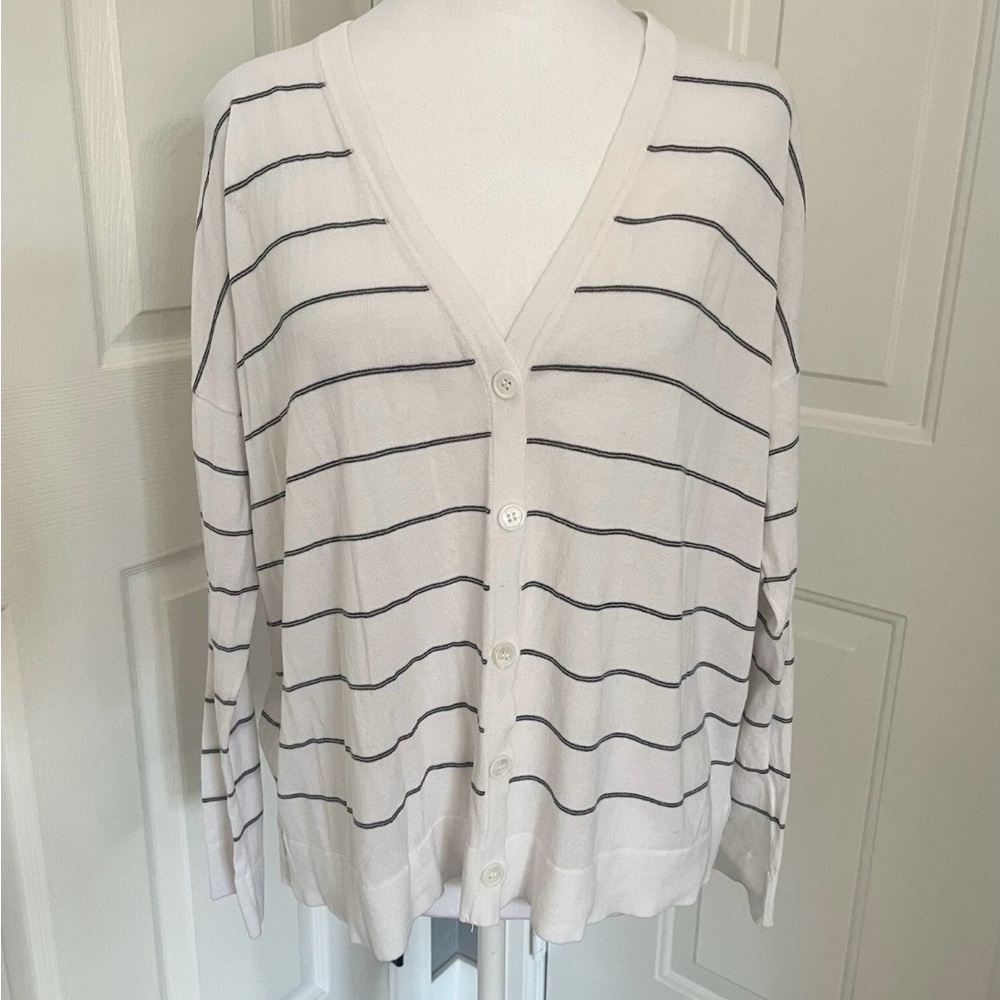 Eileen Fisher Lightweight VNeck Button Cardigan White Black Stripes 48”Bust